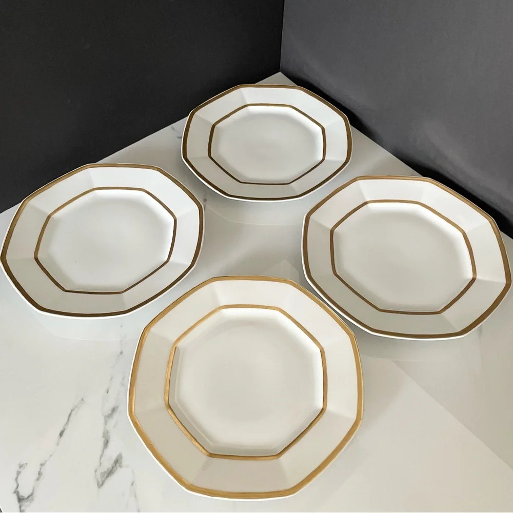 SET of 4 Gold & White Octagon Luncheon Plates - Guerin Limoges
